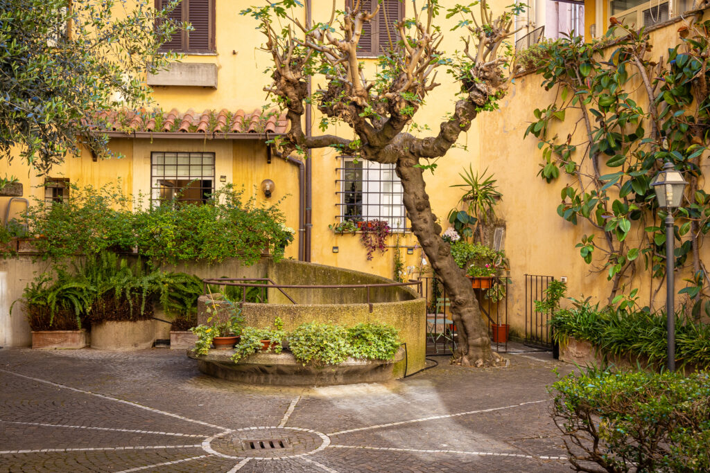 Palazzo courtyard with trees and ochre walls